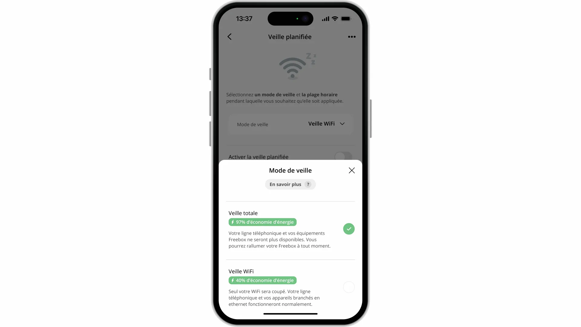 Freebox Ultra : planifier une mise en veille de votre Wi-Fi ou de votre Freebox - Choix de la veille planifiée